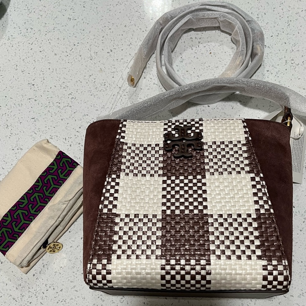Tory Burch Brown and White Woven Satchel